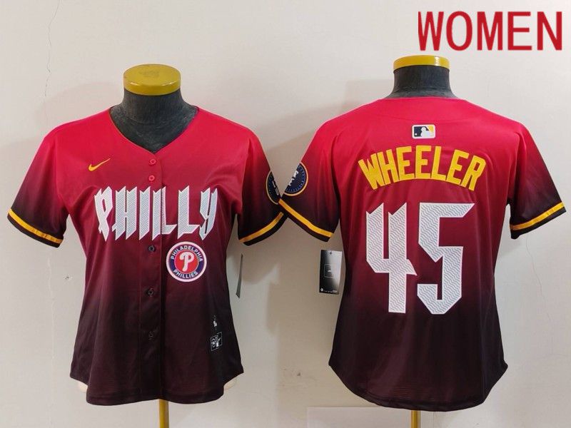 Women Philadelphia Phillies #45 Wheeler Red City Edition 2024 Nike MLB Jersey style 5->women mlb jersey->Women Jersey